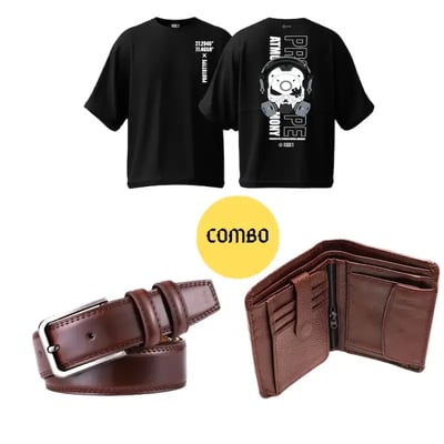 Avro Combo Pack For Men - Premium Men's Leather Wallet For Men - Premium Men's Semi Drop Shoulder Black Tshirt For Men - Artificial Leather Belt For Men