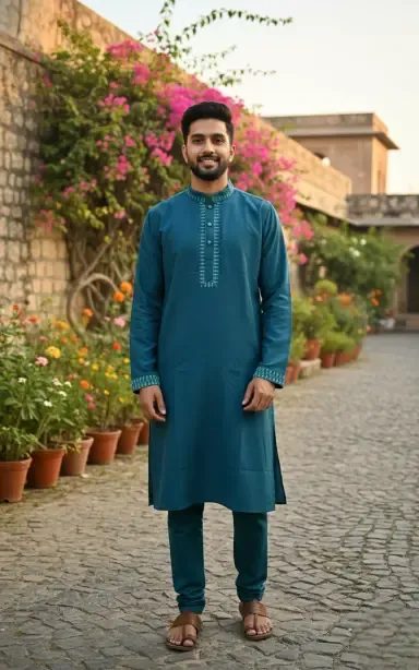 Premium Teal Blue Cotton Embroidered Panjabi for Men