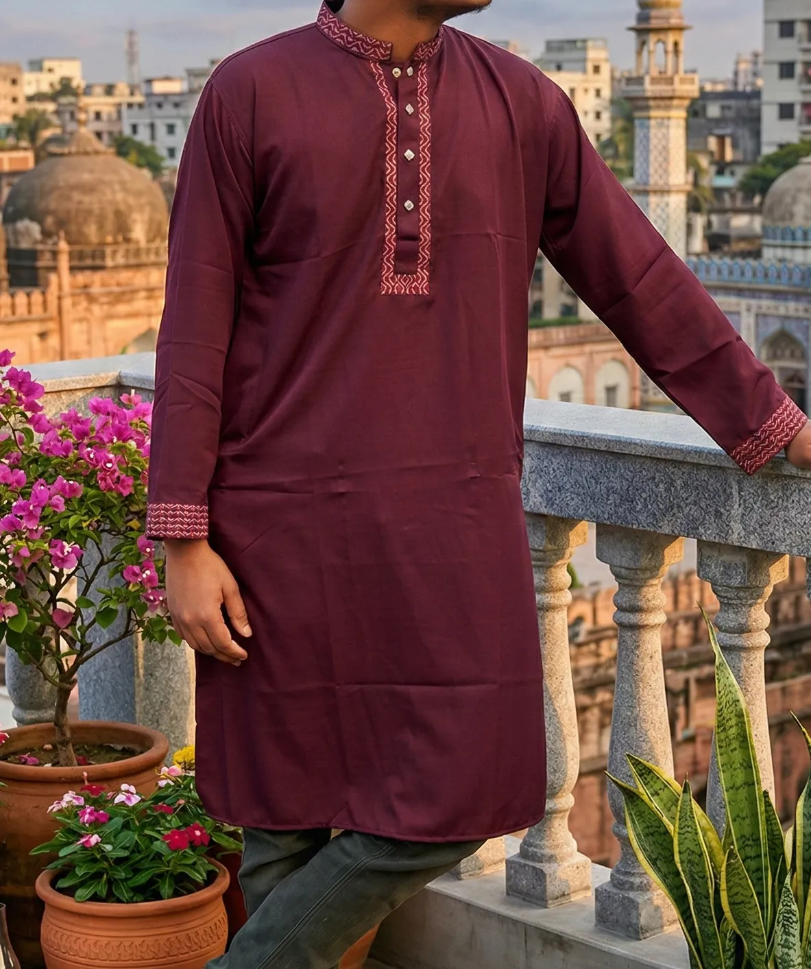এক্সক্লুসিভ মেরুন চায়না অ্যাঞ্জেল ফেব্রিক এমব্রয়ডারি পঞ্জাবি