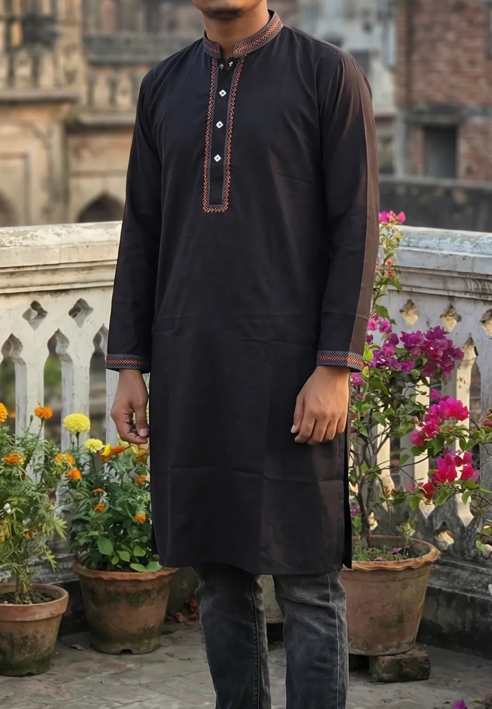 এক্সক্লুসিভ ব্ল্যাক চায়না অ্যাঞ্জেল ফেব্রিক এমব্রয়ডারি পঞ্জাবি